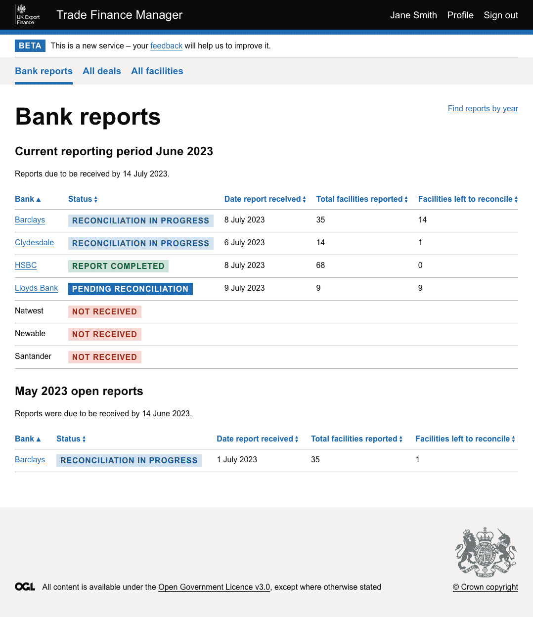 Trade Finance Manager reporting interface