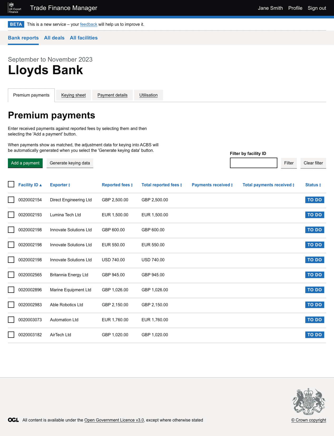 Trade Finance Manager reconciliation interface